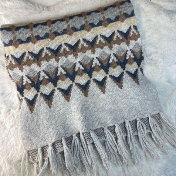 J. Crew Women's Scarf Shawl Stall Wrap Wool Blend Fair Isle Gray Beige - Picture 1 of 6